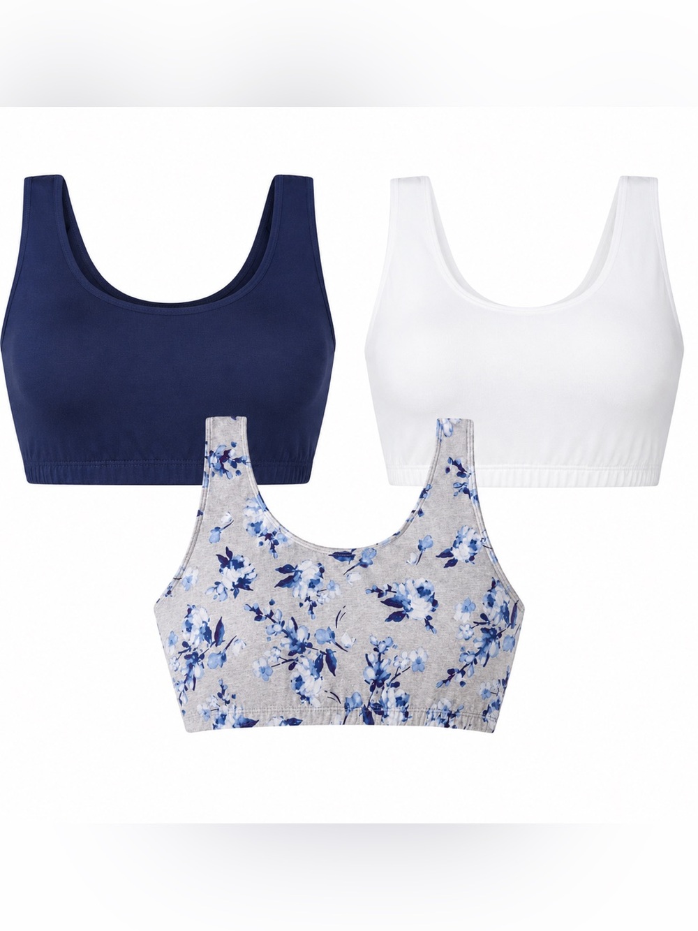 Fruit of the Loom 3 Pack Cotton Tank Sports Bras 42 Wireless Floral Navy White